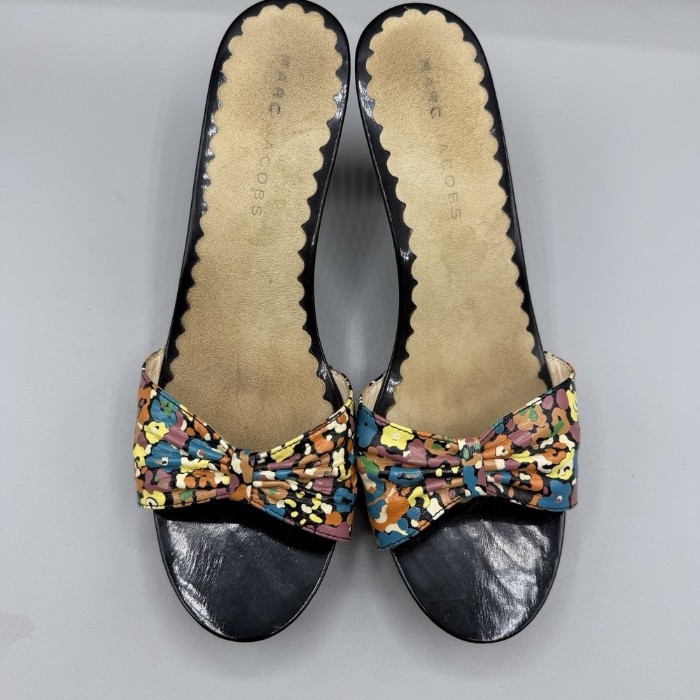 MARC JACOBS Floral Leather Open Toe Wood Heel Mule Sandals Pumps Size 37/ US 7 - Picture 4 of 10